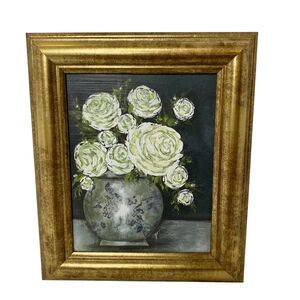 White Floral Bronzed Gold Framed Wall Art Shabby Chic Romantic